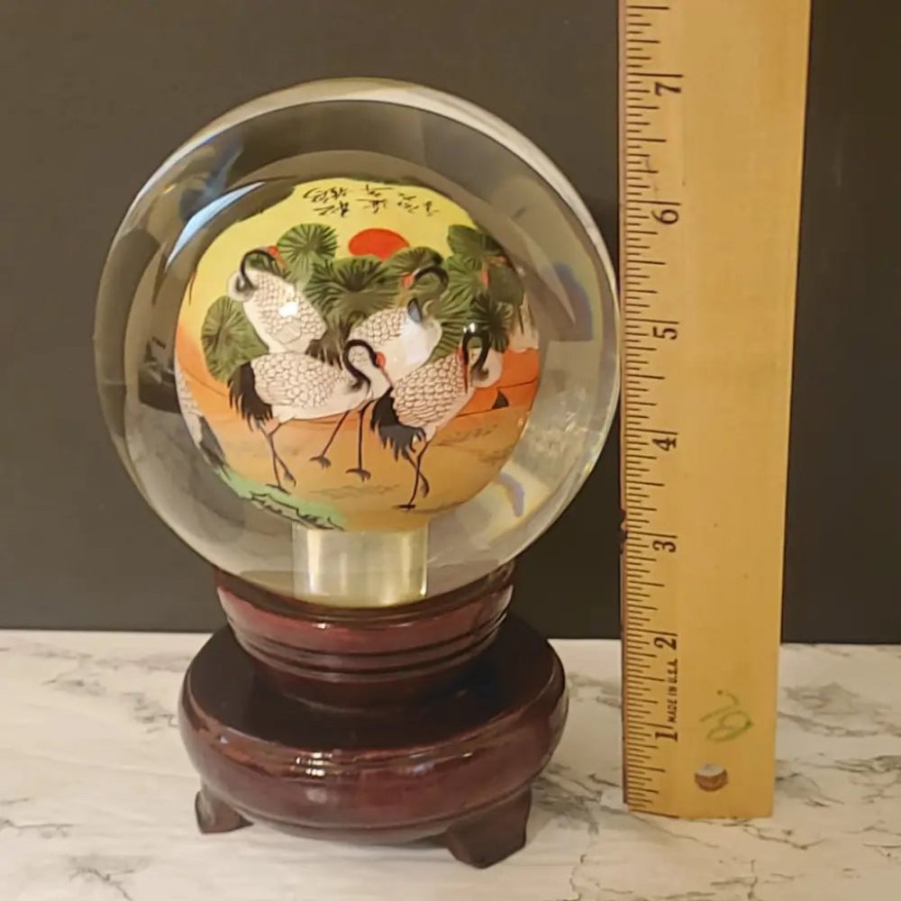 Crystal Ball Oriental Reverse Painted Heron Art Vintage
